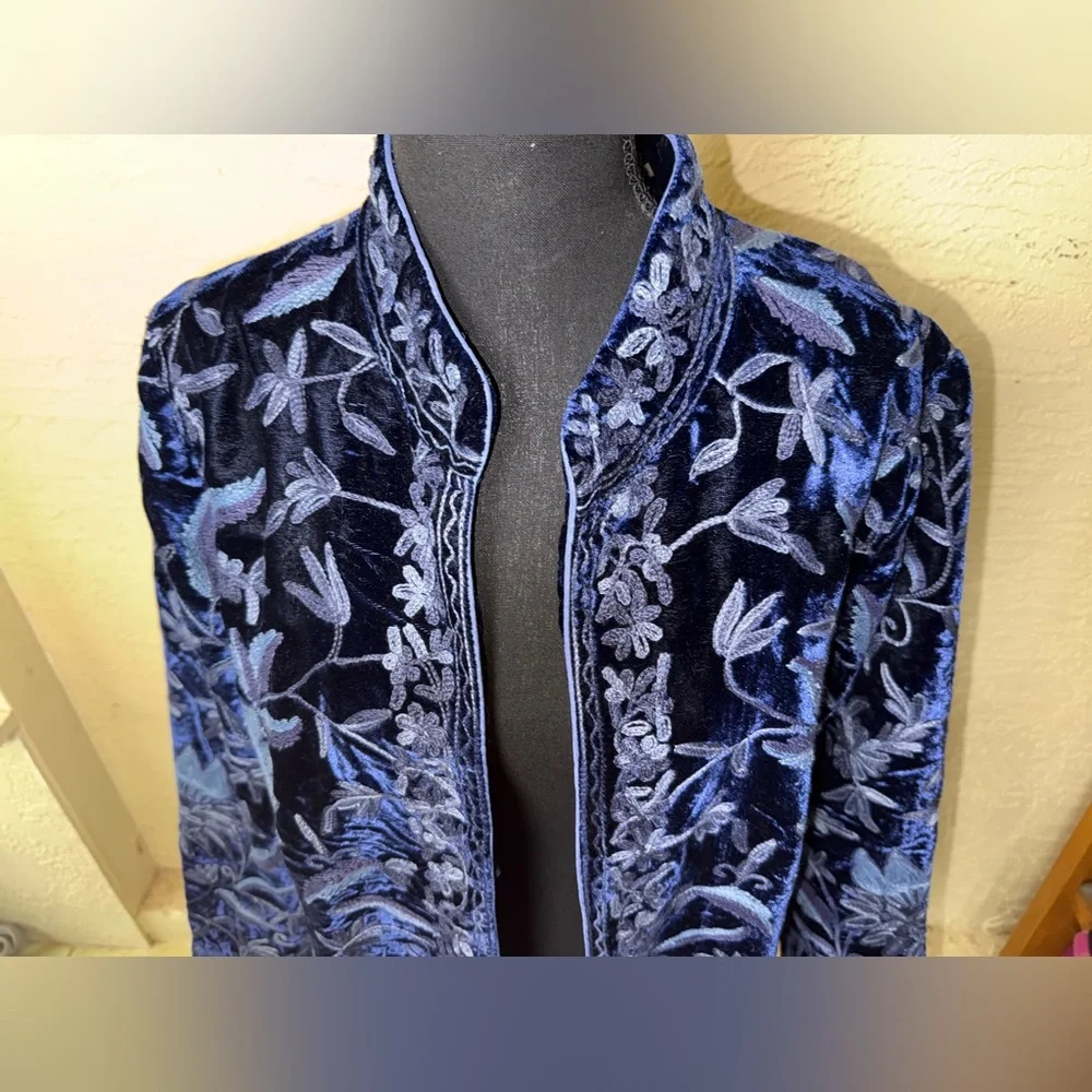 Soft Surroundings Navy Blue Velvet Embroidered Trench Coat - Picture 9 of 16